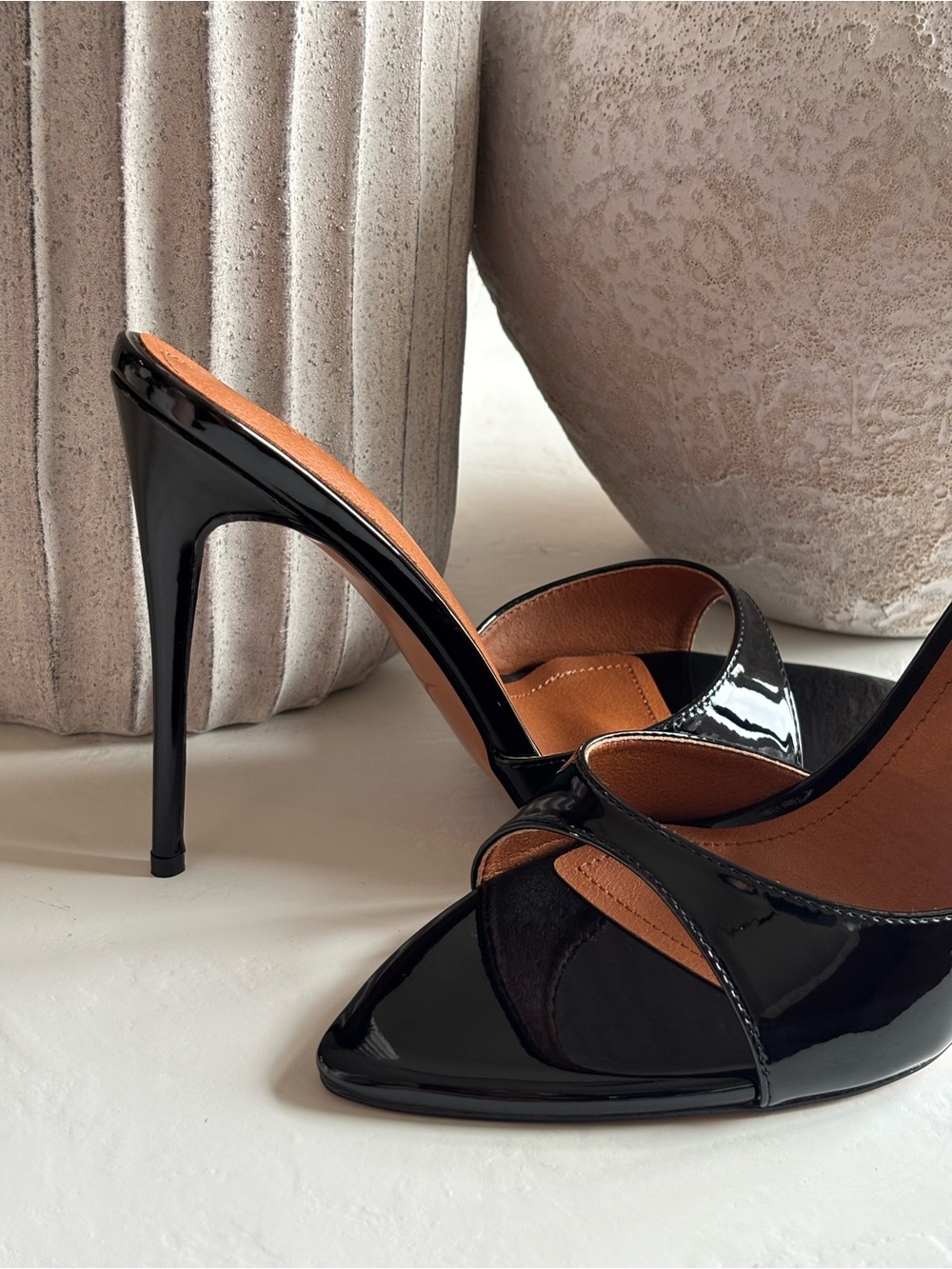 Women's Black Patent High-Heel Mule Sandals